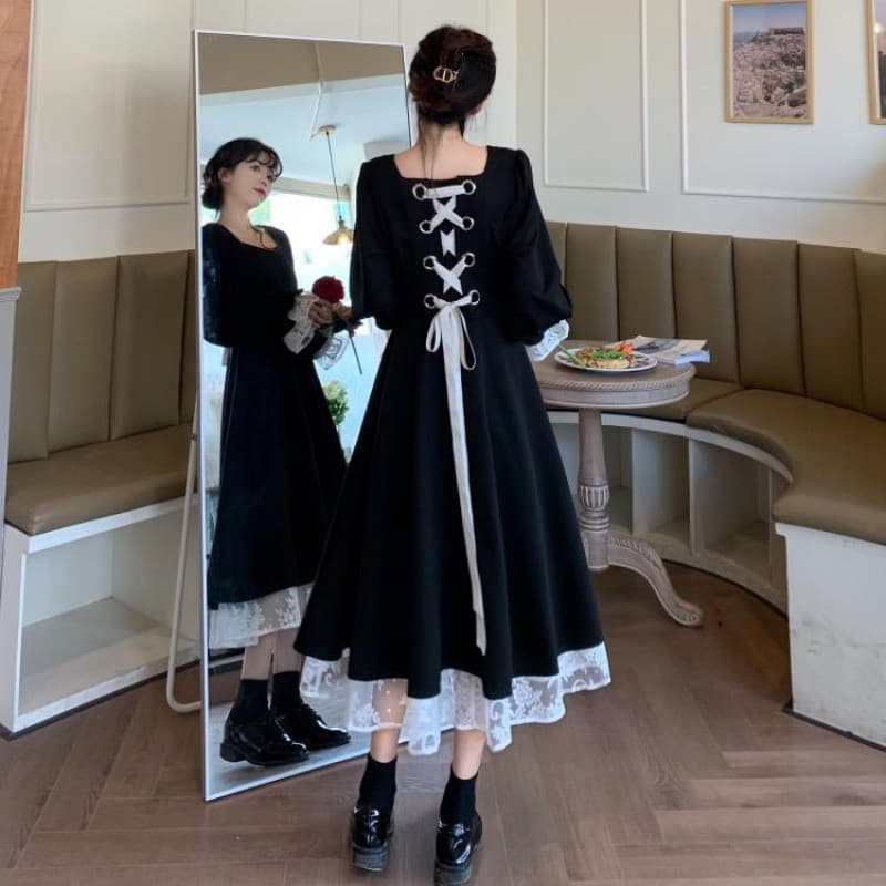 ロングワンピース 背中リボン レース切替 姫袖ワンピース