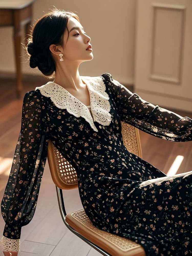 ワンピース レース レース襟付き花柄シフォンワンピース