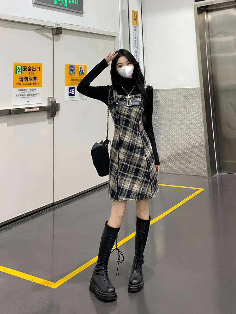 ロングワンピース レトロ調チェック柄ワンピース
