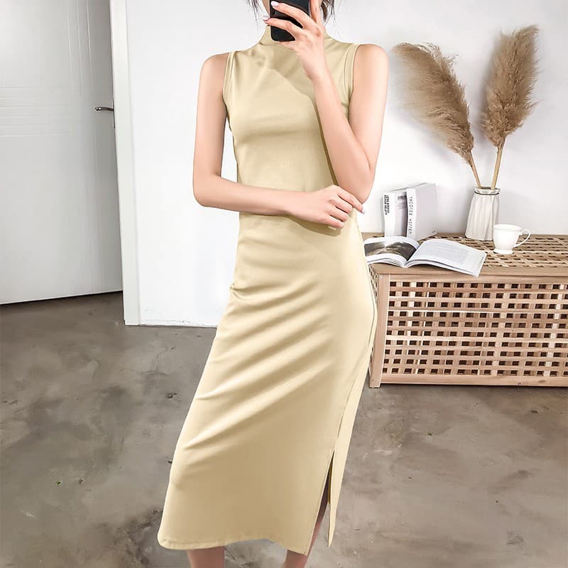 ロングワンピース タートルネック すらっと美シルエット ノースリーブタートルネックワンピース