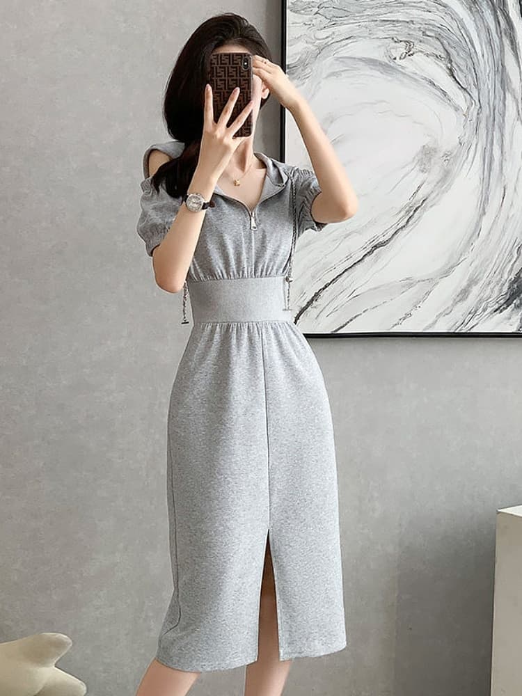 ワンピース スウェット フロントジップ ウエストマーク ミディ丈ワンピース