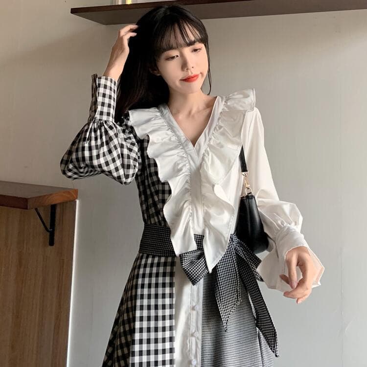 フリル襟ギンガムチェック切替ロングワンピース