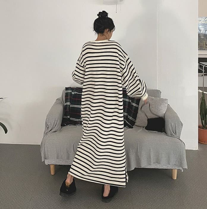 ロングワンピース スウェット ゆったりボーダーロングワンピース
