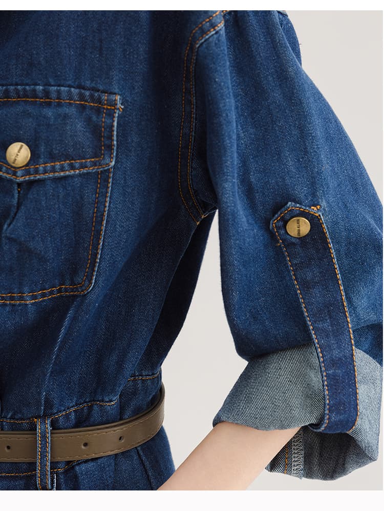 ロングワンピース デニム クラシカルロールアップデニムワンピース