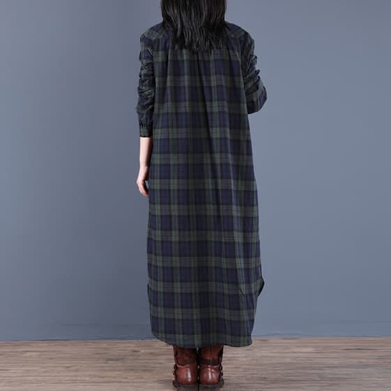 ロングワンピース チェック柄シャツワンピース 長袖ロング丈 秋冬レディース