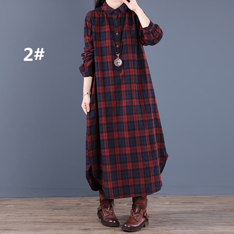 ロングワンピース チェック柄シャツワンピース 長袖ロング丈 秋冬レディース