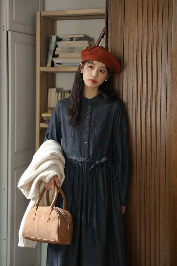 ロングワンピース ゆったりデニムギャザーワンピース