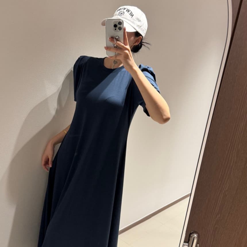 ロングワンピース 韓国風おしゃれ丸首マキシワンピース半袖