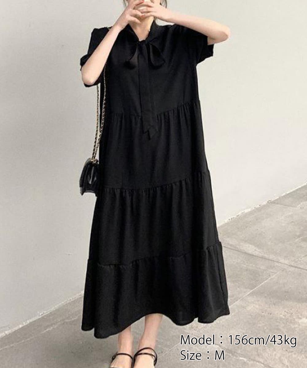 レース付きリボンタイ ティアードロングワンピース ミモレ丈