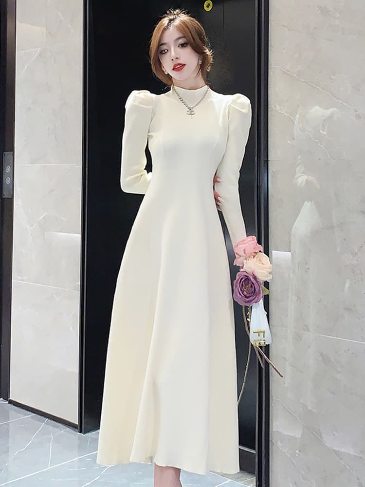 ロングワンピース ニット 優美なシルエット立ち襟ロングニットワンピース