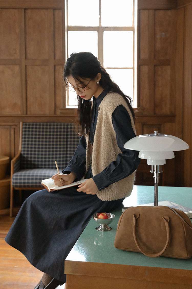 ロングワンピース ゆったりデニムギャザーワンピース