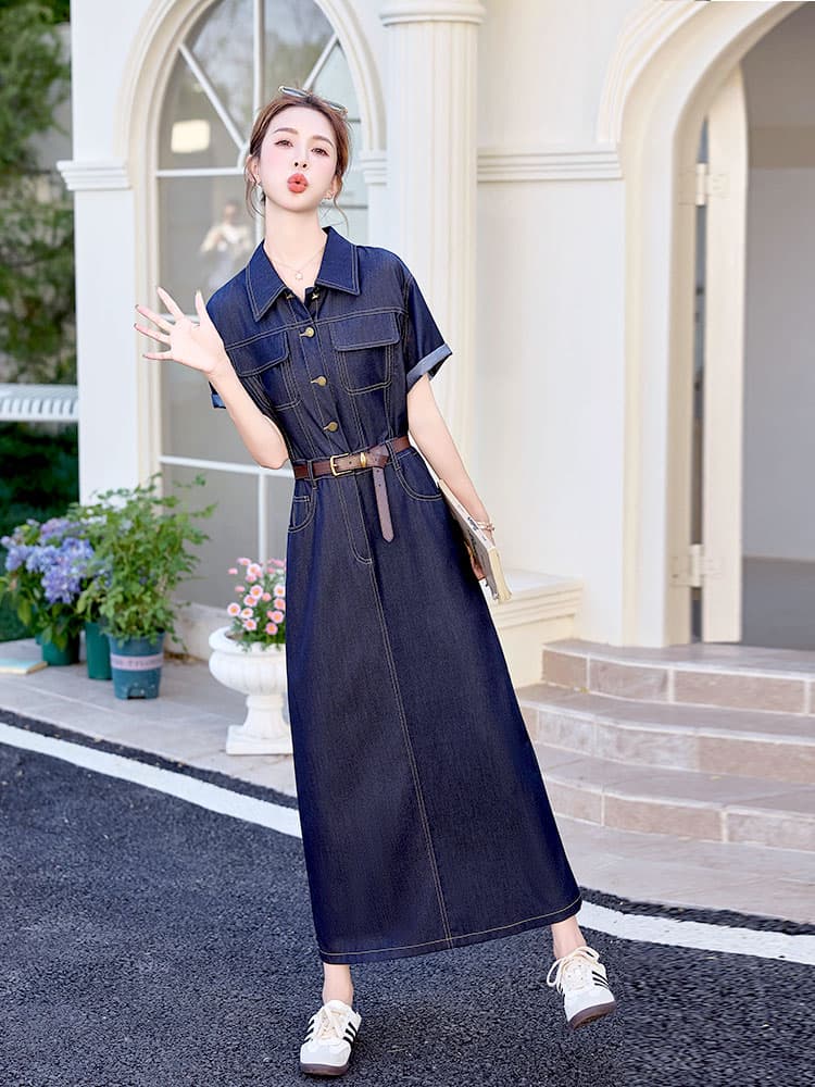 ロングワンピース デニム シャツ襟デニムロングワンピース