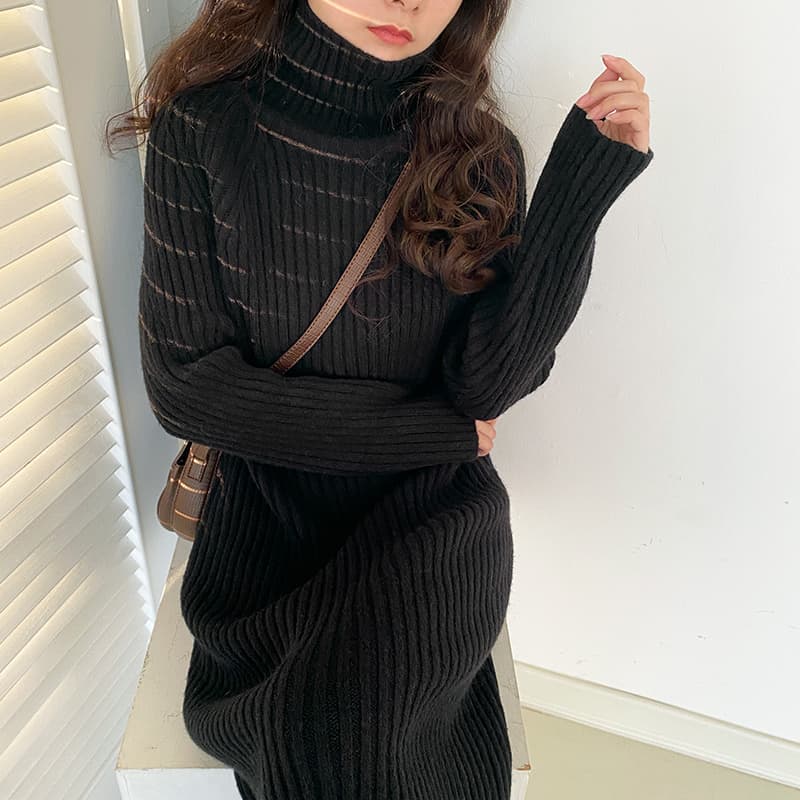 ロングワンピース タートルネック リブ編みニットタートルネックロングワンピース
