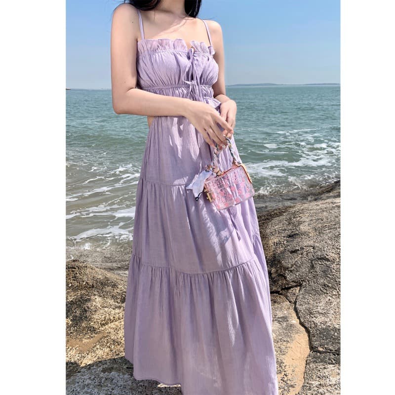 ロングワンピース キャミソール夏ワンピース 大人可愛い紫色 リゾート結婚式対応