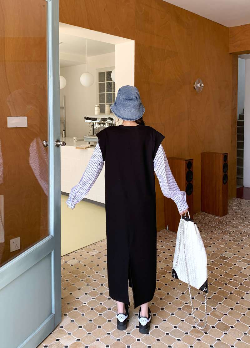 ロングワンピース ストライプ切替シームレスニットワンピース