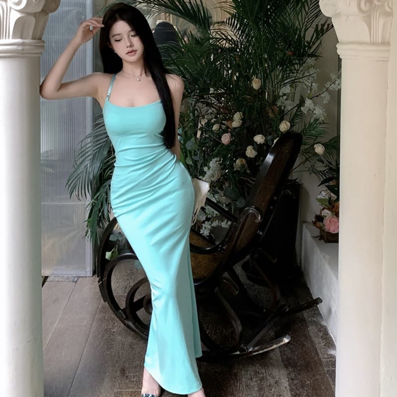 ロングワンピース キャミ 体型美人見せスリムフィットロングワンピース