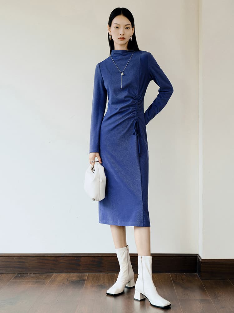 ワンピース タートルネック 優美なドレープ入りタートルネックワンピース