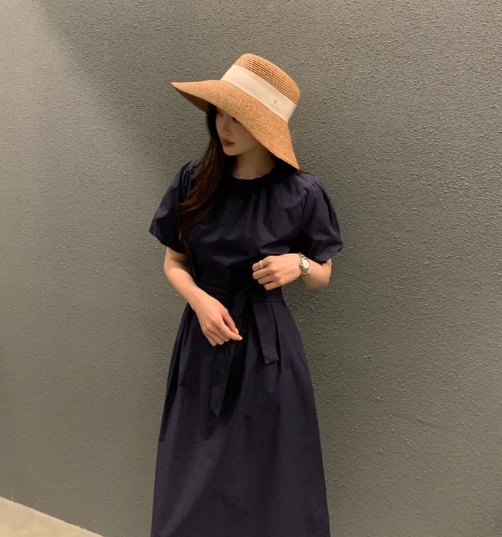 新作 パフスリーブ フレア ロングワンピース 上品カジュアル