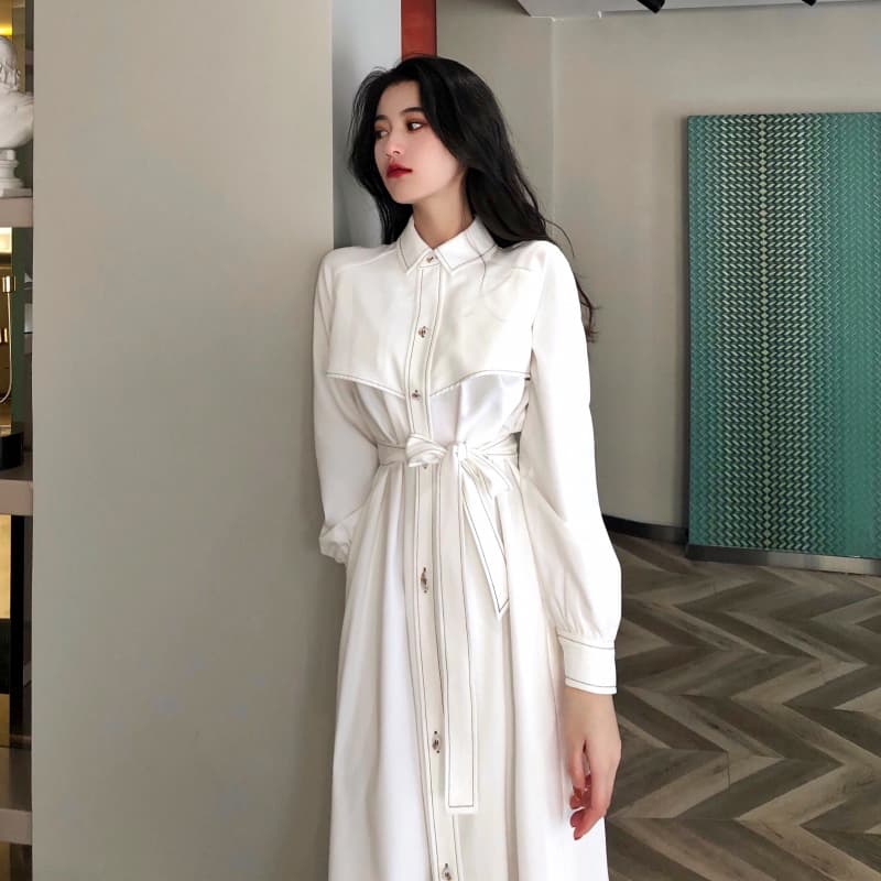ロングワンピース シャツ ウエストリボンベルト付きロングシャツワンピース