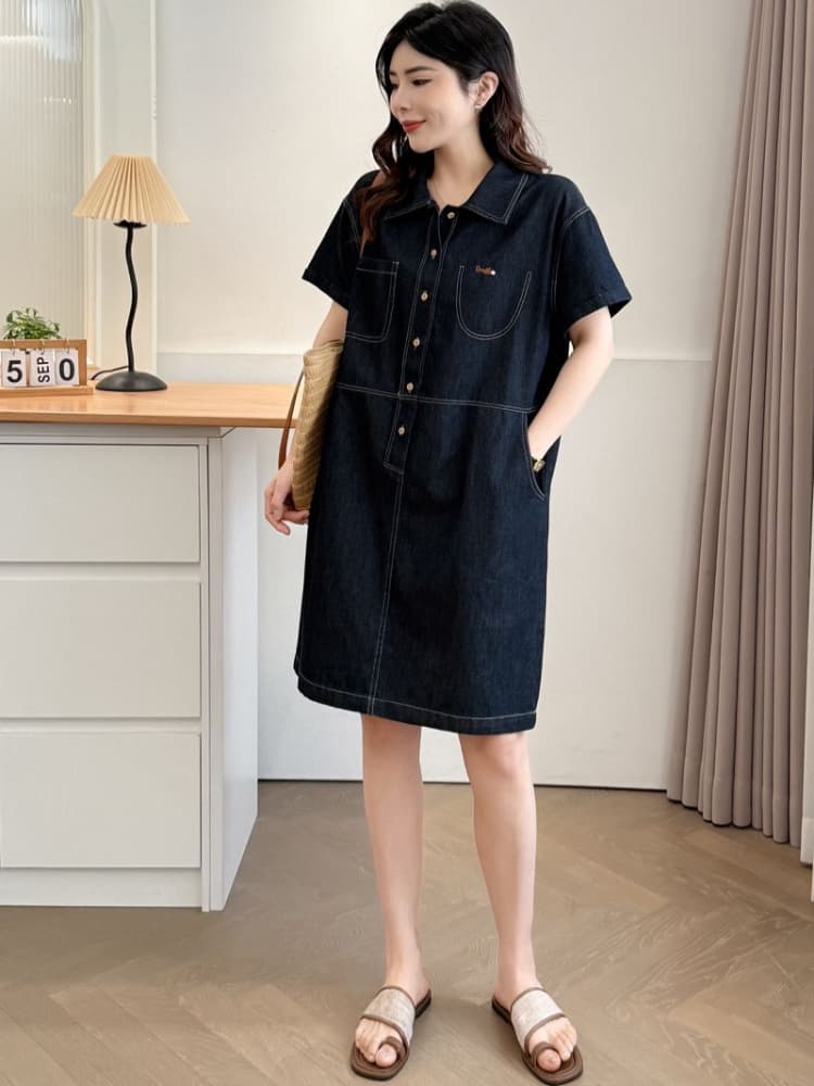 ロングワンピース デニム シンプル半袖シャツワンピース