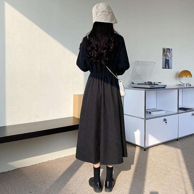 ロングワンピース シンプル襟付きギャザーワンピース