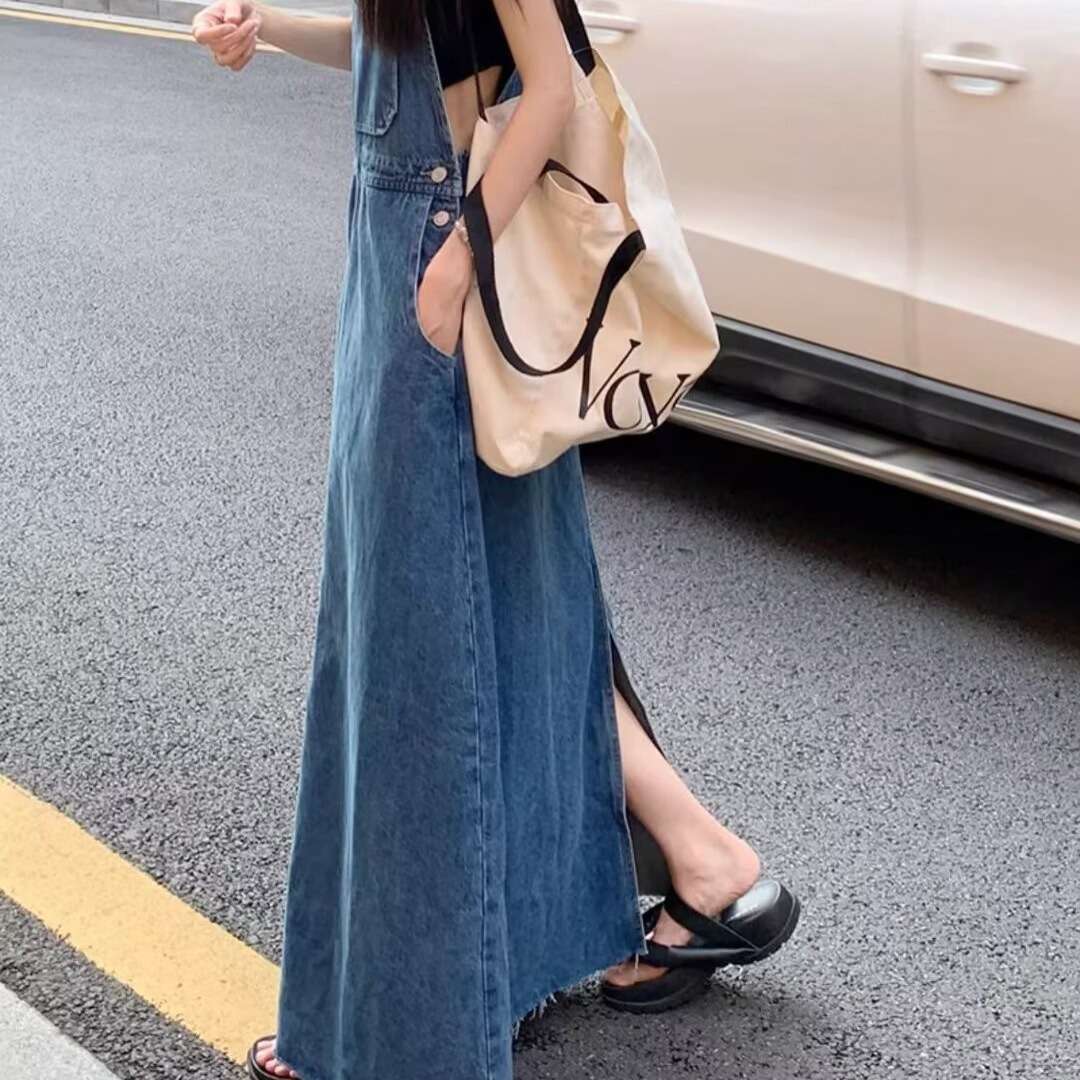 ロングワンピース ゆったりデニムサロペットワンピース