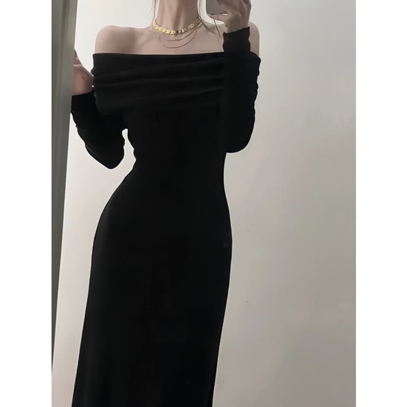 ロングワンピース ニット シンプル オフショルダー リブニット ワンピース