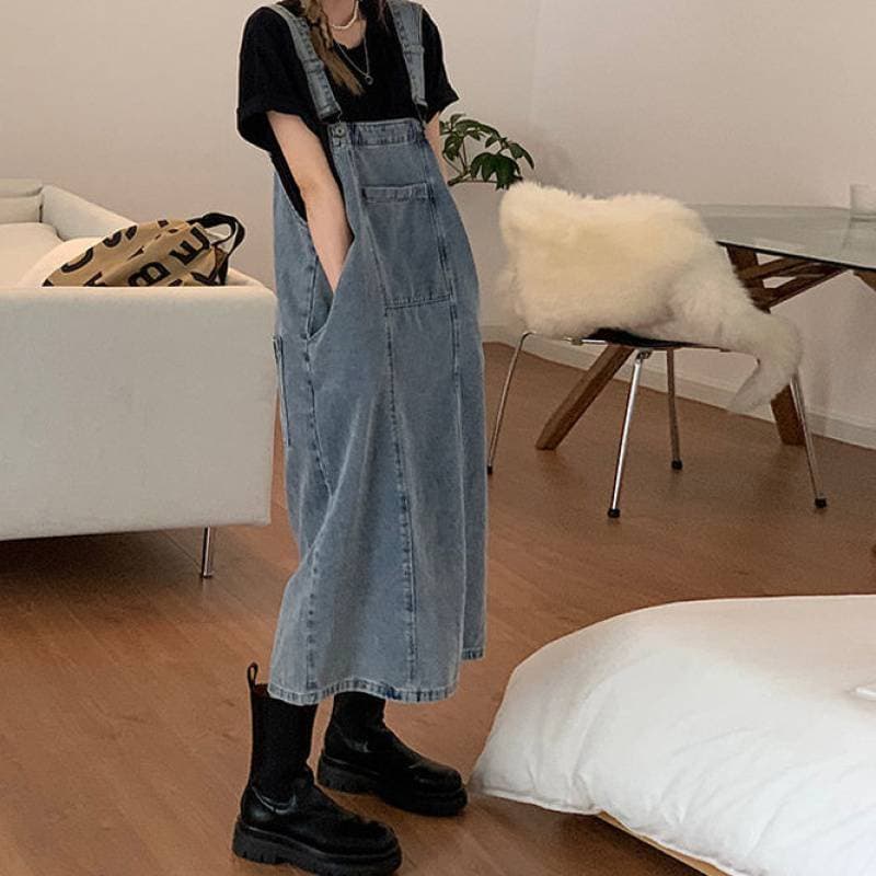 ロングワンピース 大人かわいいサロペットデニムワンピース