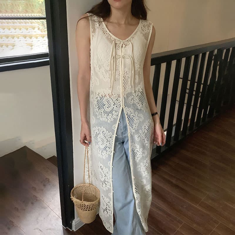 ロングワンピース 透かし編みニット ロング丈ノースリーブワンピース