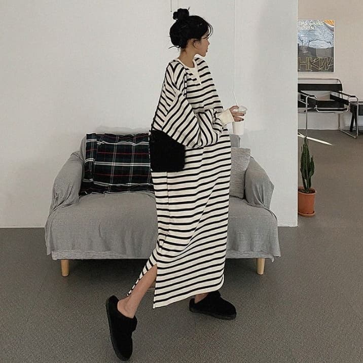 ロングワンピース スウェット ゆったりボーダーロングワンピース