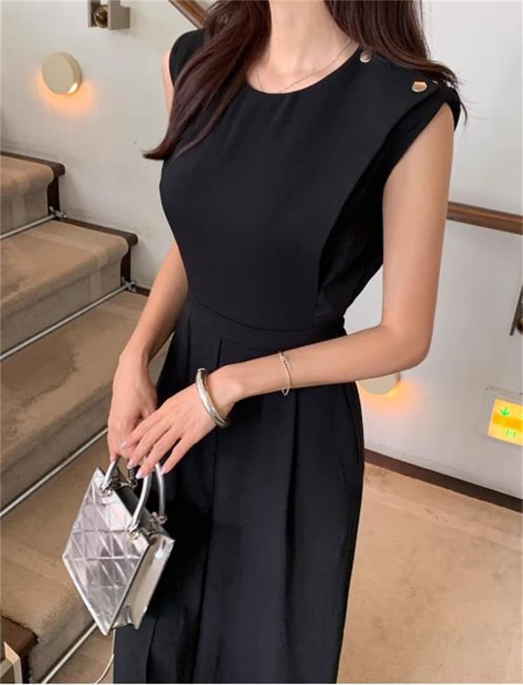 ロングワンピース 夏用ブイネックノースリーブウエスト絞りスリット入りワンピース