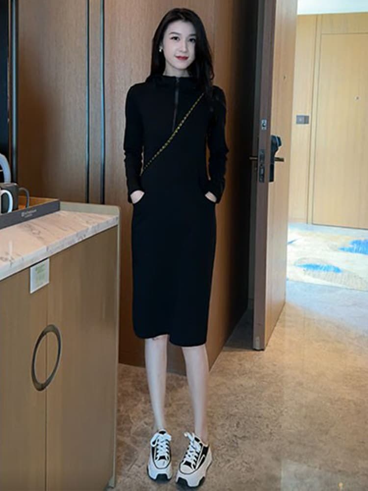 ロングワンピース ニット シンプル襟付きジッパーニットワンピース
