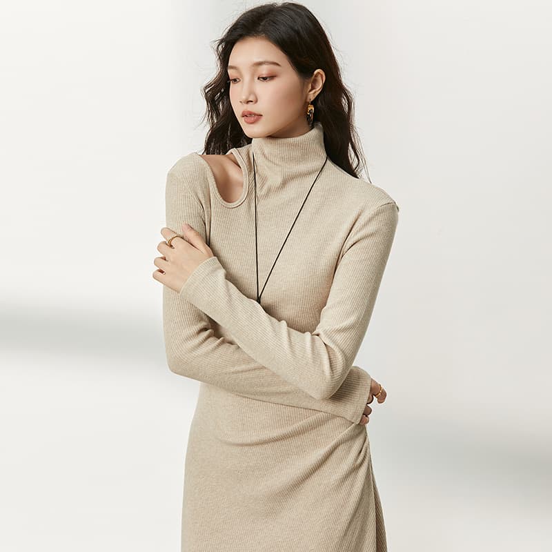 ロングワンピース 上品アシンメトリー タートルワンピース