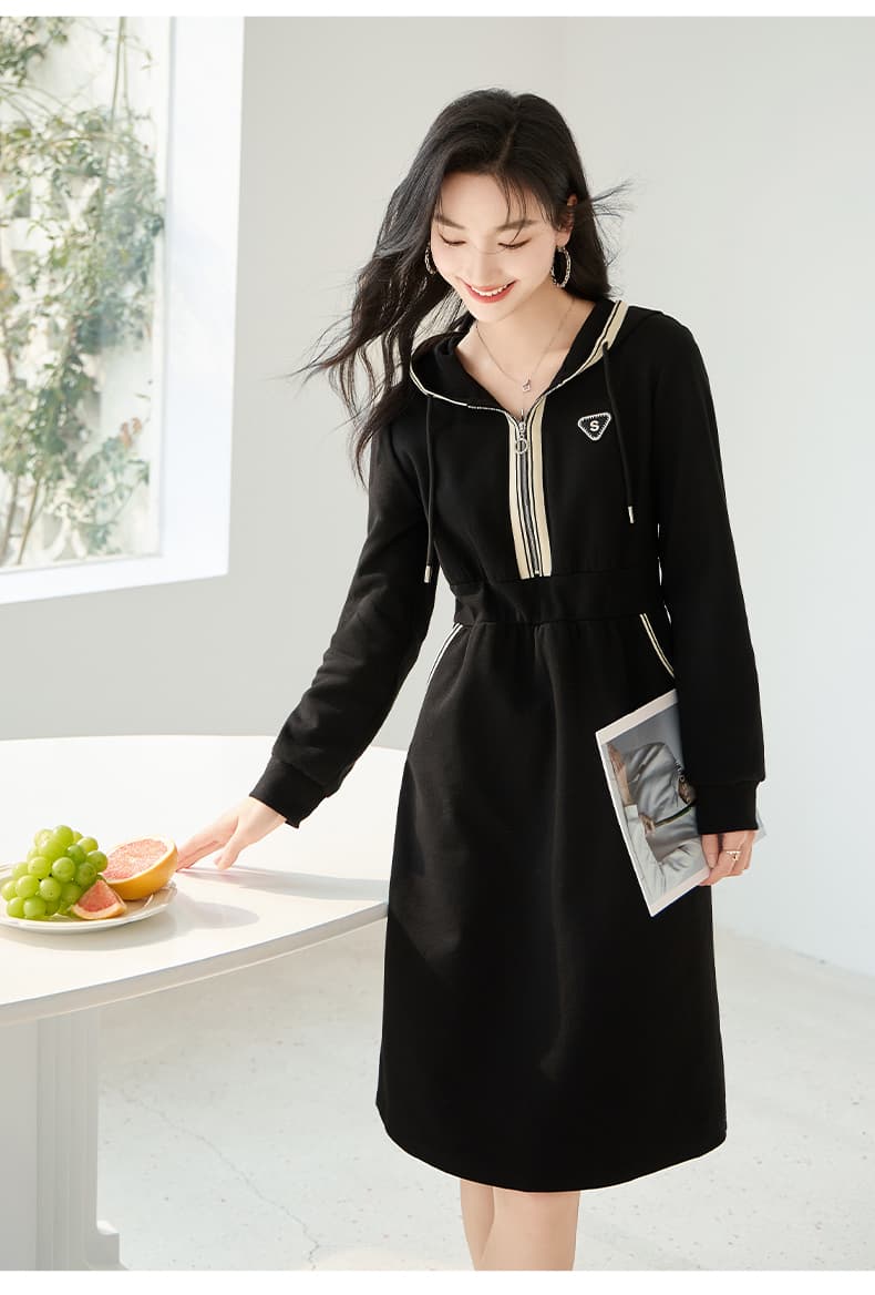 ロングワンピース スウェット ハーフジップ フード付きロングワンピース