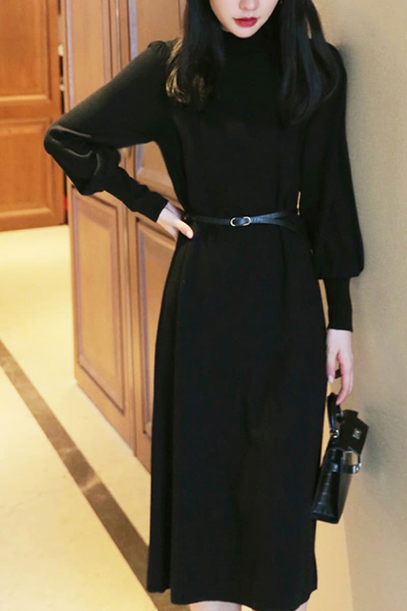 ロングワンピース タートルネック ボリューム袖タートルネックベルト付きロングワンピース