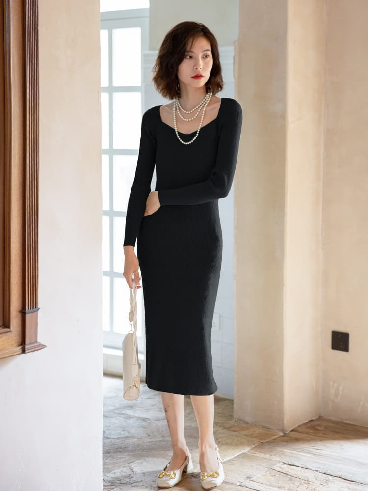 ロングワンピース ニット シンプル美シルエットリブニットワンピース