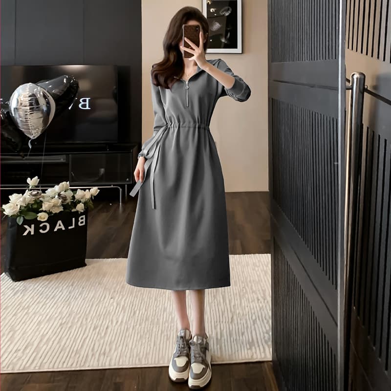 ロングワンピース スウェット ハーフジップ ミディ丈 ワンピース