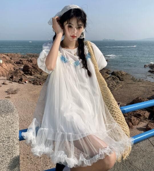 ロングワンピース レース半袖ワンピース 刺繍チュニック風 女性用