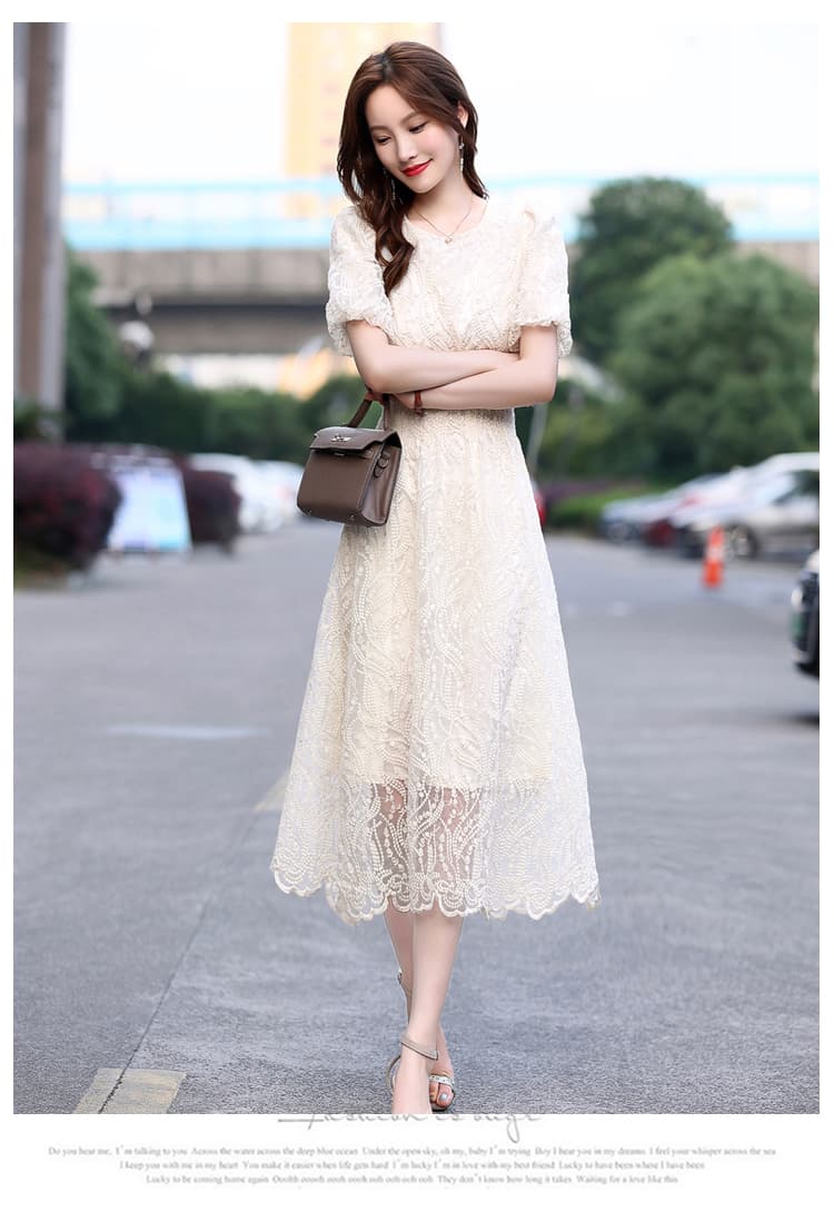 ロングワンピース レース 優美レース模様の華やかロングワンピース