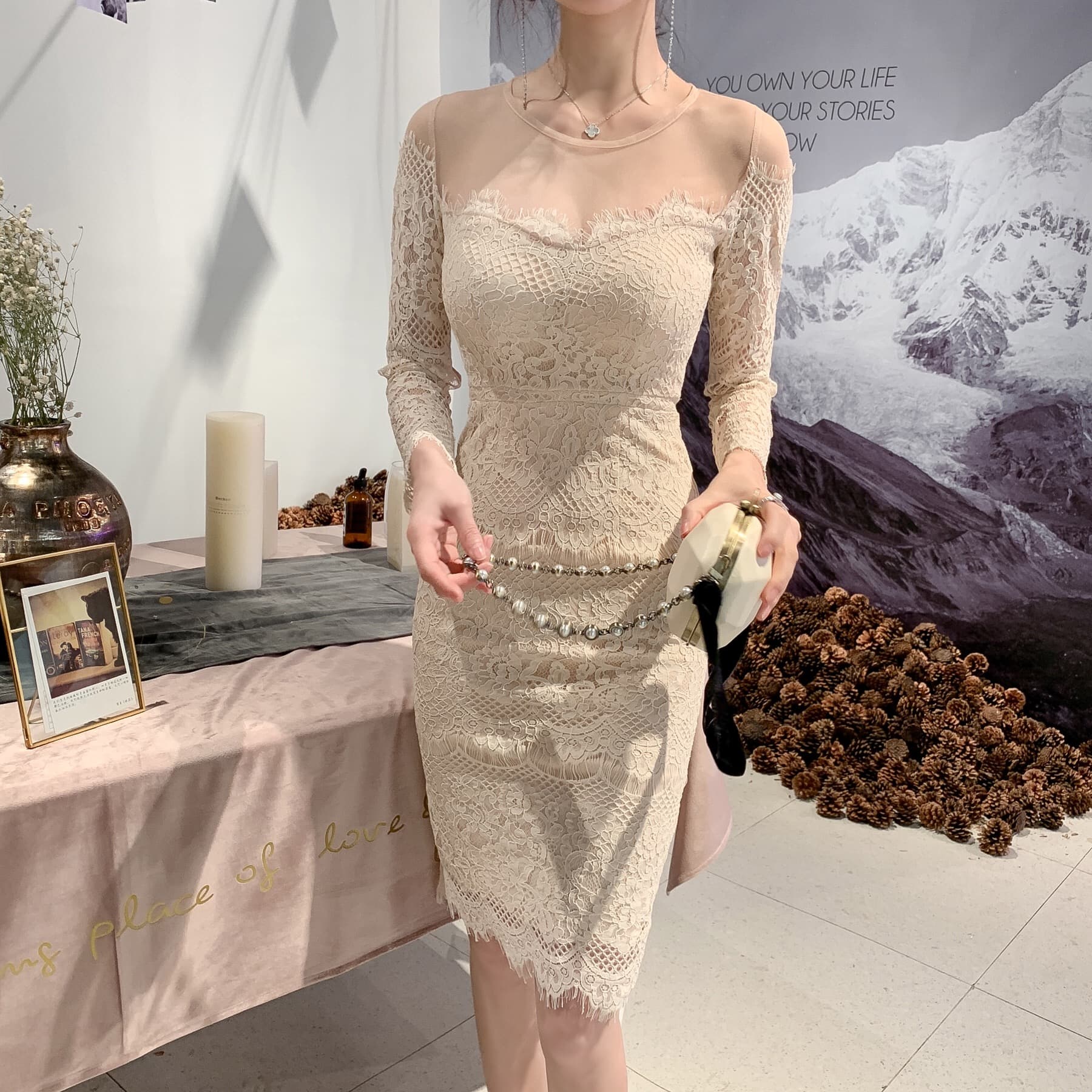 ロングワンピース レース シースルーレース切替ワンピース