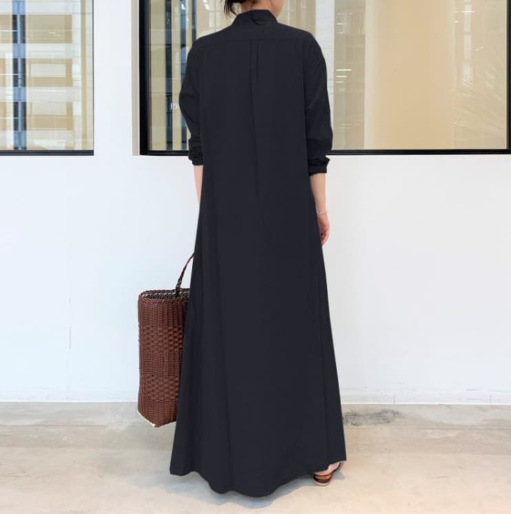 開襟シャツ襟ゆったりロングワンピース
