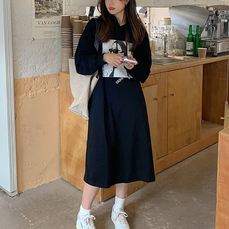 ロングワンピース フード付き切替ゆるふわワンピース