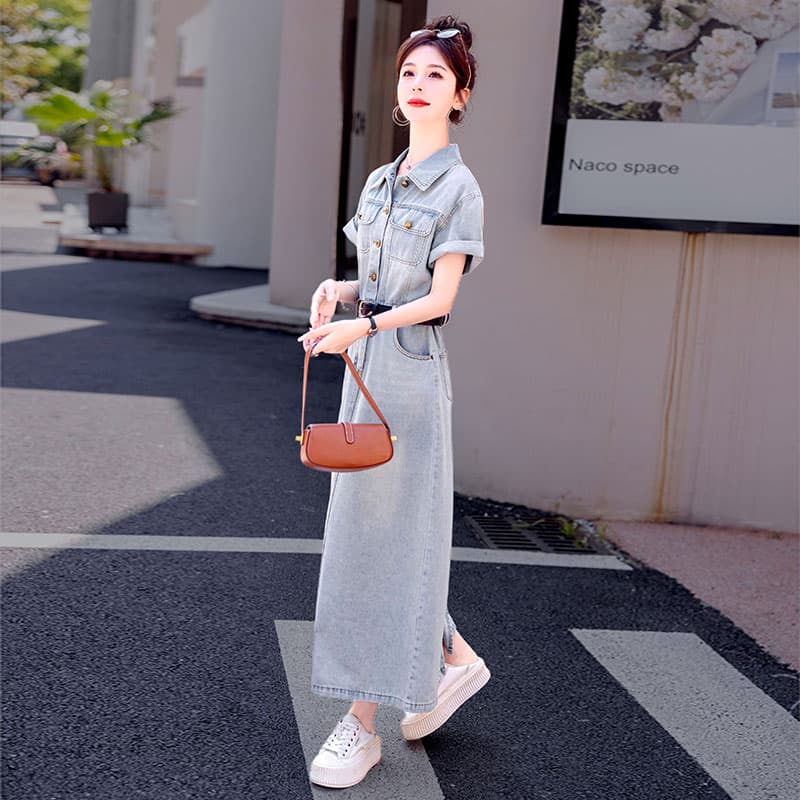 ロングワンピース デニム カジュアル襟付きロングデニムワンピース