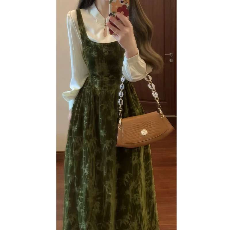 ロングワンピース ベルベット素材 襟付き レイヤードワンピース