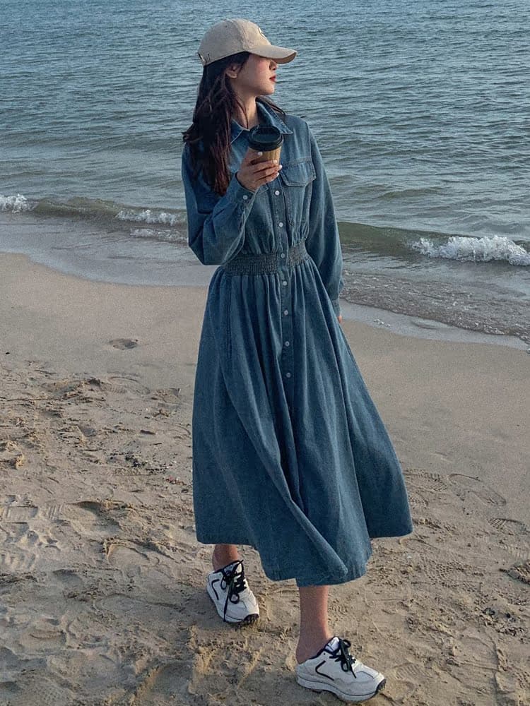 ロングワンピース デニム ウエストゴム入りシャツ襟長袖デニムロングワンピース