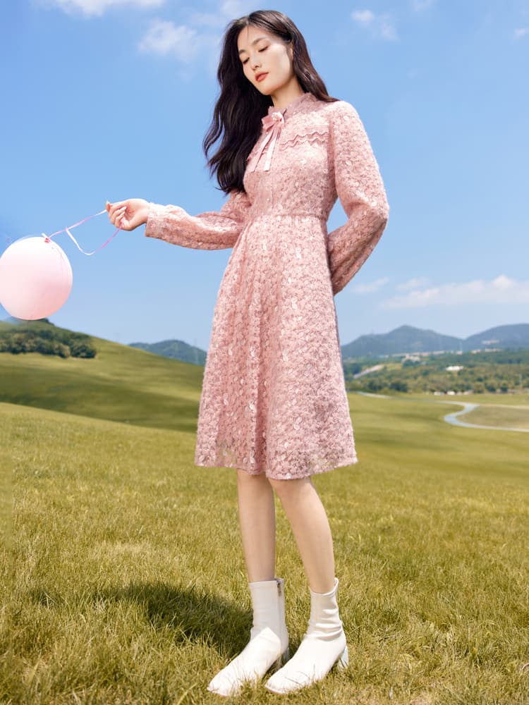 ワンピース レース 優美レース編み リボン襟 ワンピース