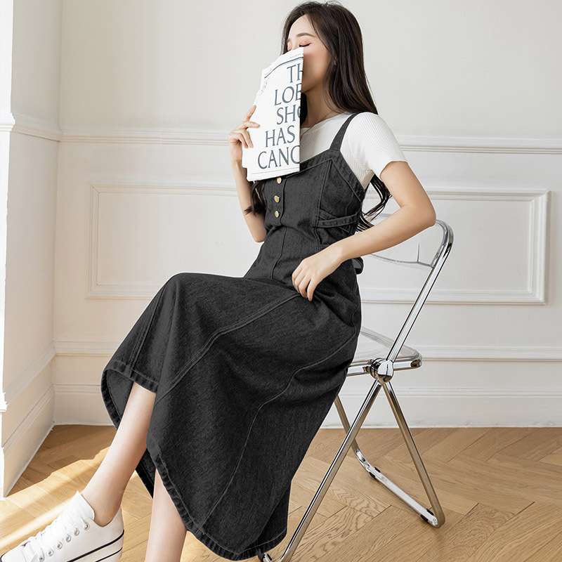 ロングワンピース シンプル優美デニムサロペットワンピース