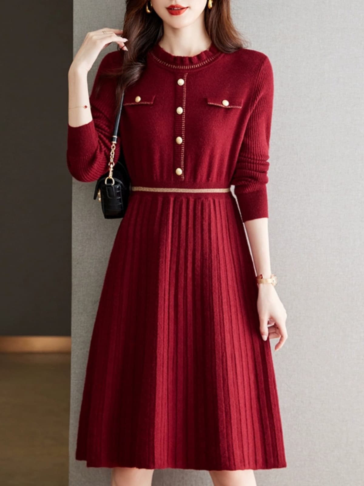 ロングワンピース ニット 上品プリーツ切替ニットワンピース