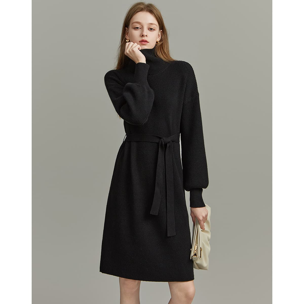 ワンピース タートルネック リブ編みベルト付きタートルネックワンピース
