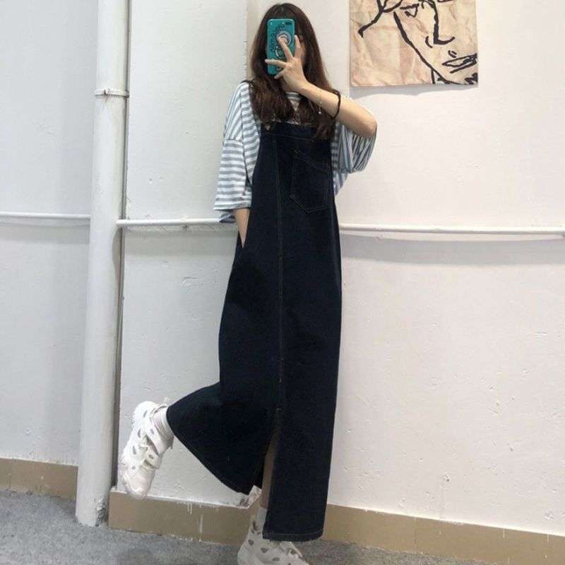 ロングワンピース ゆったりデザイン サロペット風 ワンピース